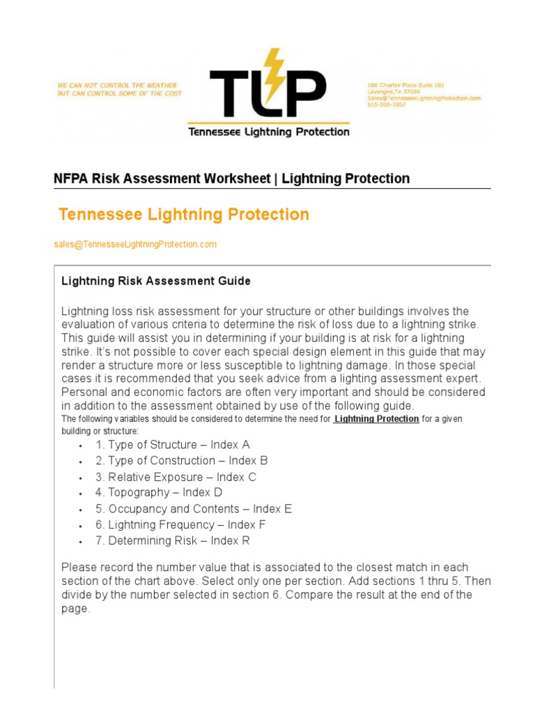 worksheet Risk Assessment Worksheet nfpa risk assessment worksheet tlp tennessee lightning protection risk
