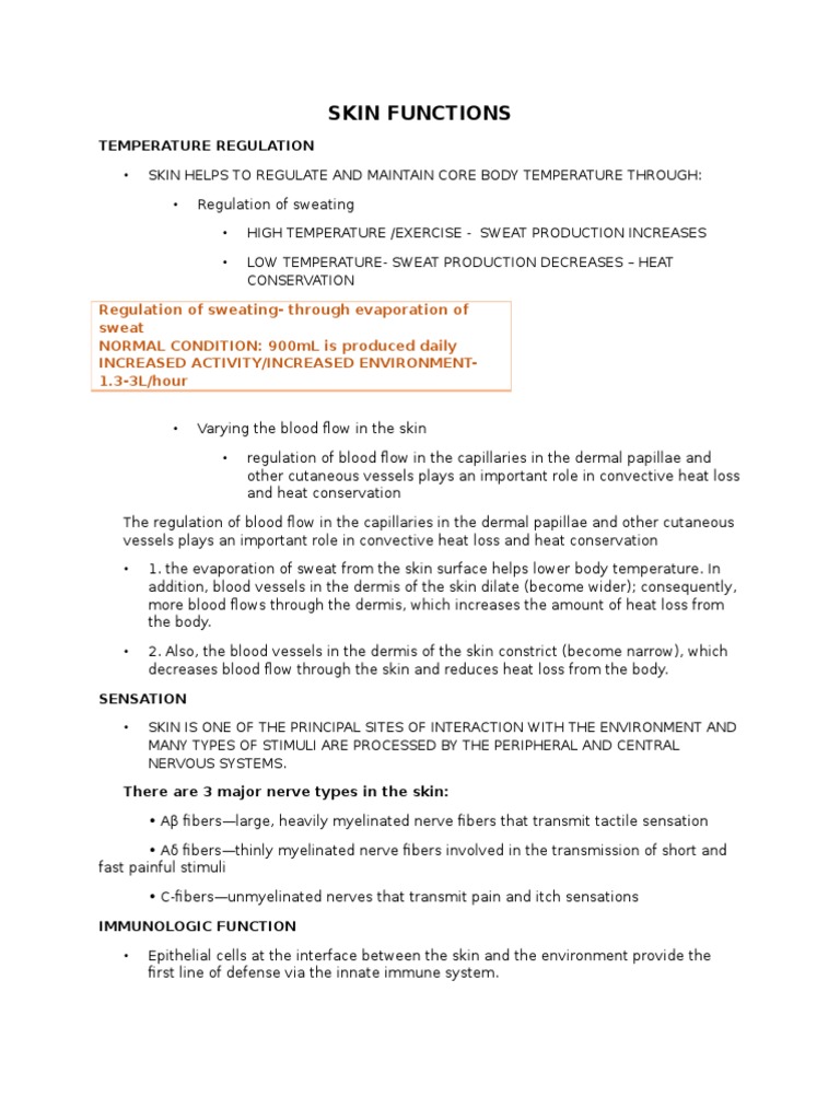 Skin Functions: Temperature, Sensation, Immunity | PDF