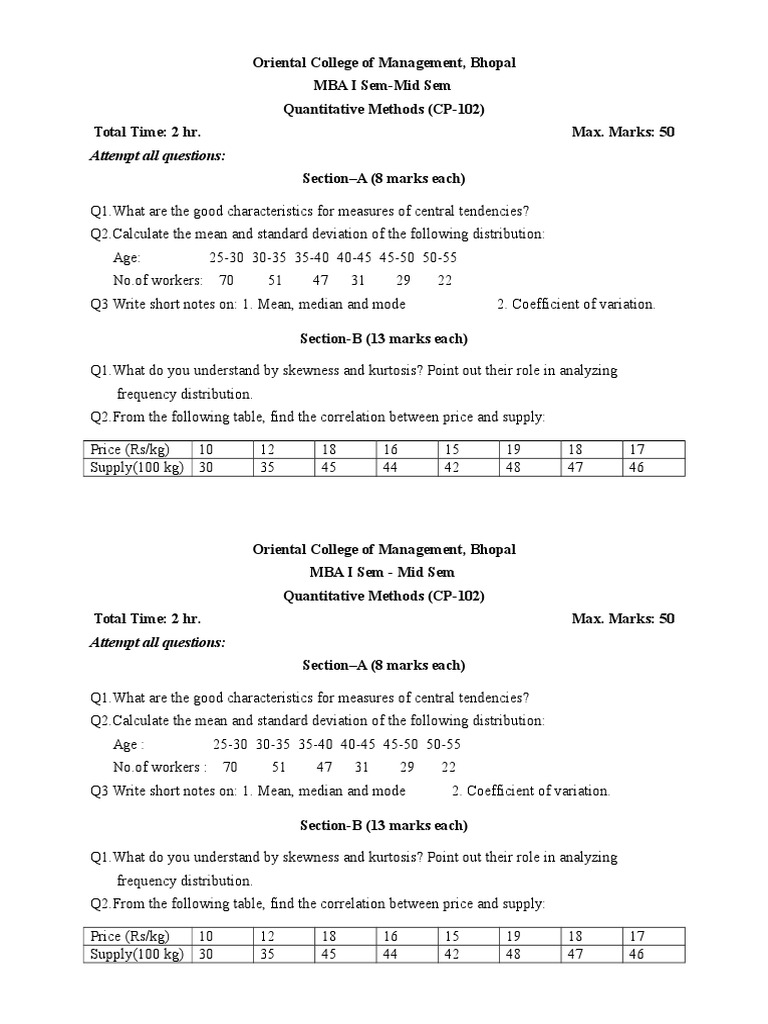 MBA Quantitative Methods Exam Guide | PDF | Science & Mathematics