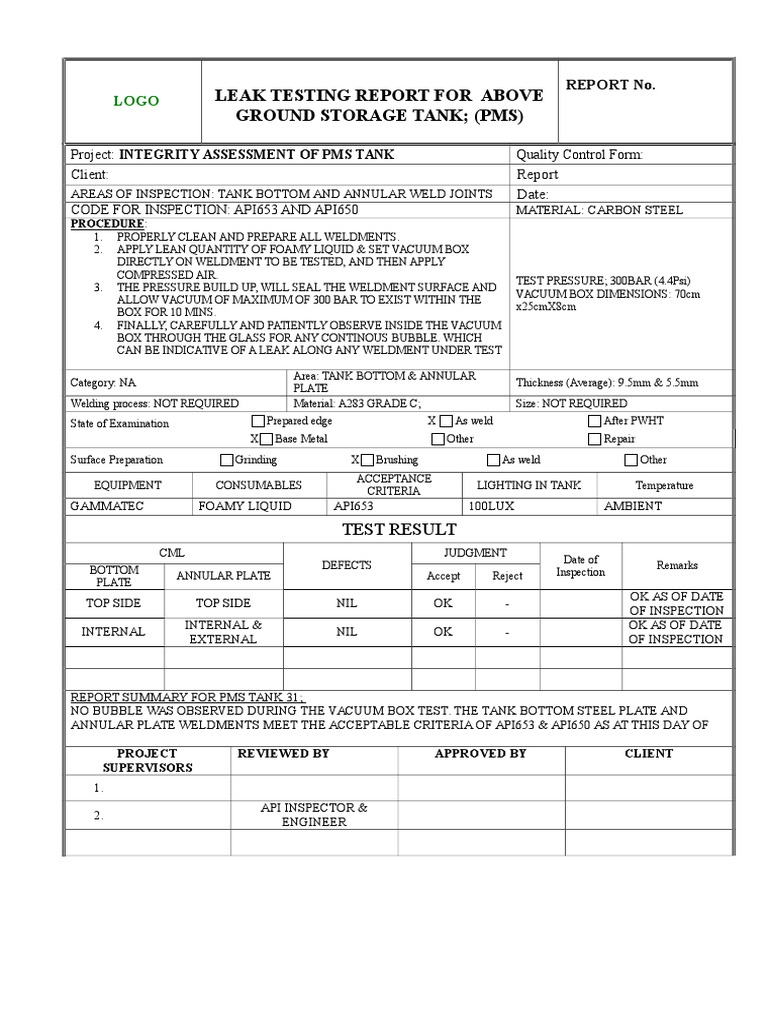 Sample Leak Testing Report for Ast Tank