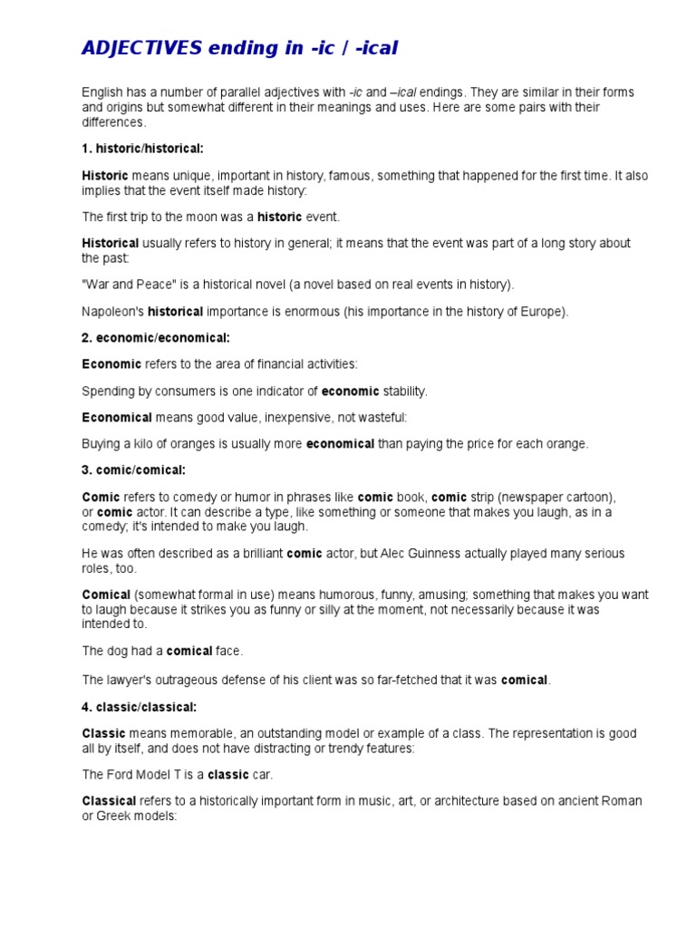 Adjectives Ending in Ic Vs Ical PDF