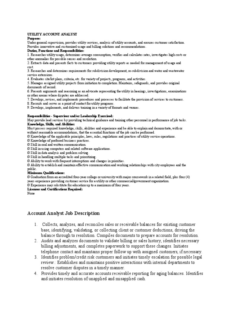 Utility Account Analyst Overview | PDF | Utility | Sales