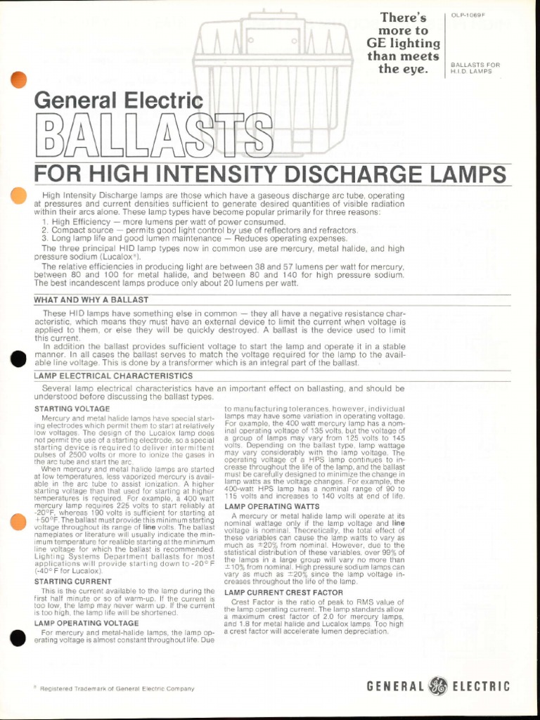 GE Lighting Systems Ballasts for HID Lamps Spec Sheet 1180 Lighting
