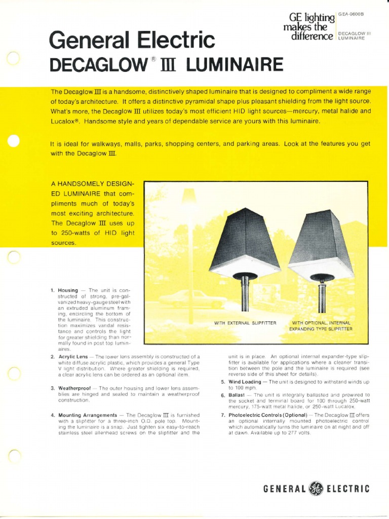GE Lighting Systems Decaglow III Series Spec Sheet 1276 PDF Light