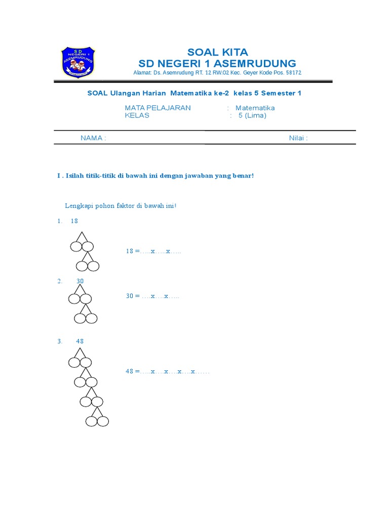2 Soal Ulangan Harian Ke 2 Matematika Kelas 5 Semester 1 Doc