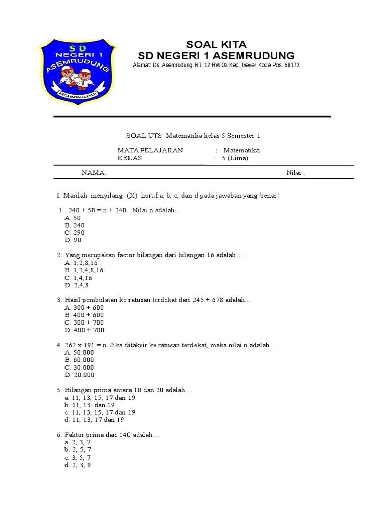 7 Soal Uts Matematika Kelas 5 Semester 1 Doc