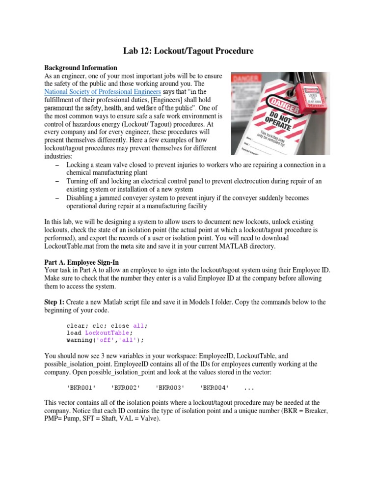 Lab 12: Lockout/Tagout Procedure: Background Information | PDF ...