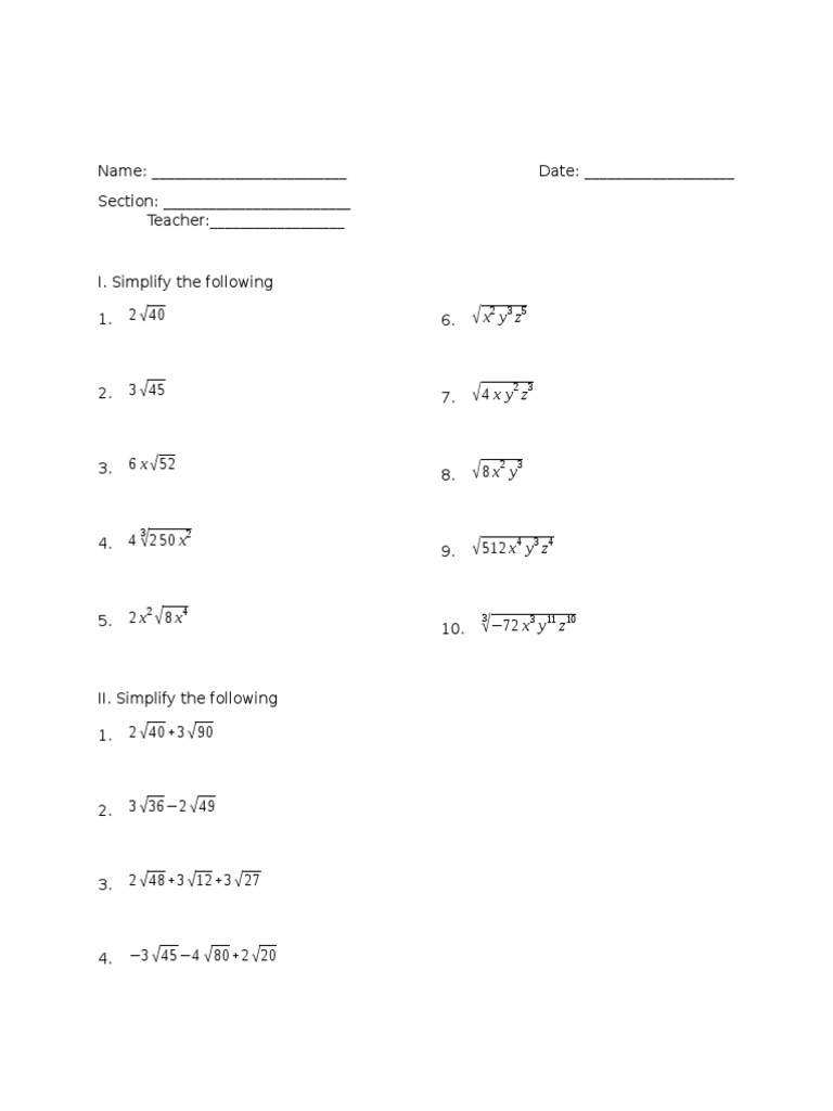 Worksheet for Simplifying Radical Expressions PDF