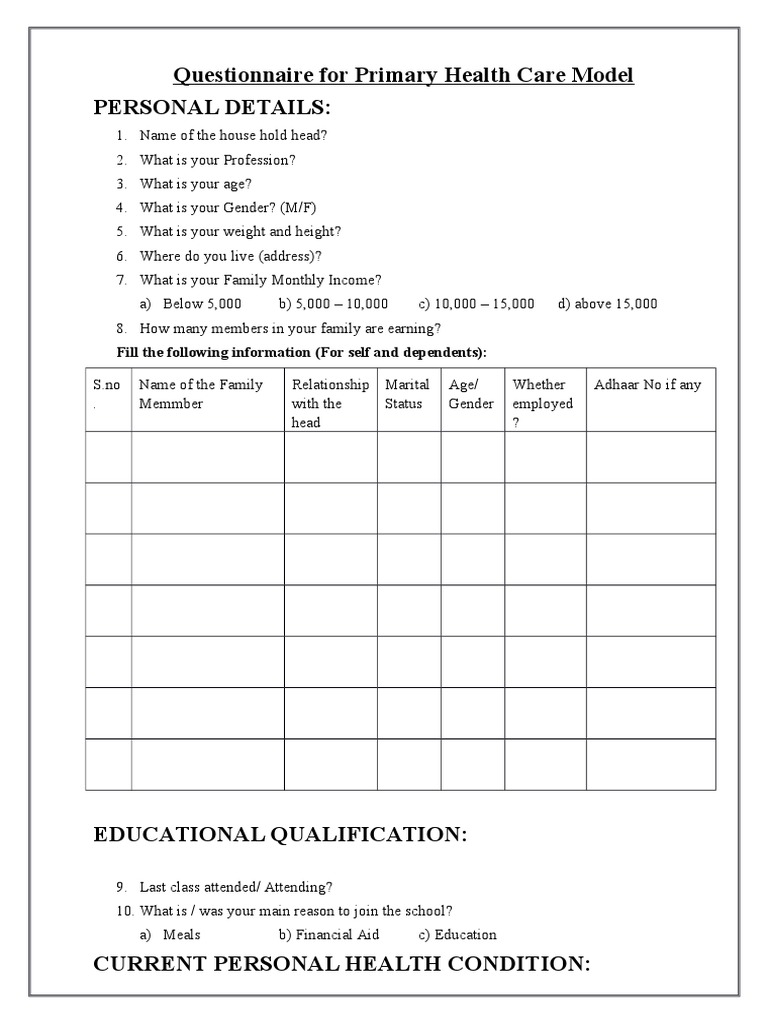 Primary Health Care Questionnaire | PDF | Hospital | Chronic Condition