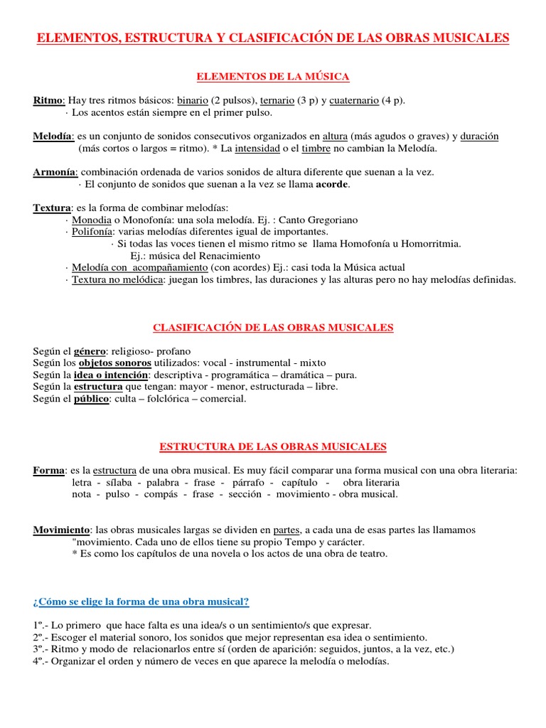 Música, Elementos, Estructura y Clasificación de Las Obras Musicales