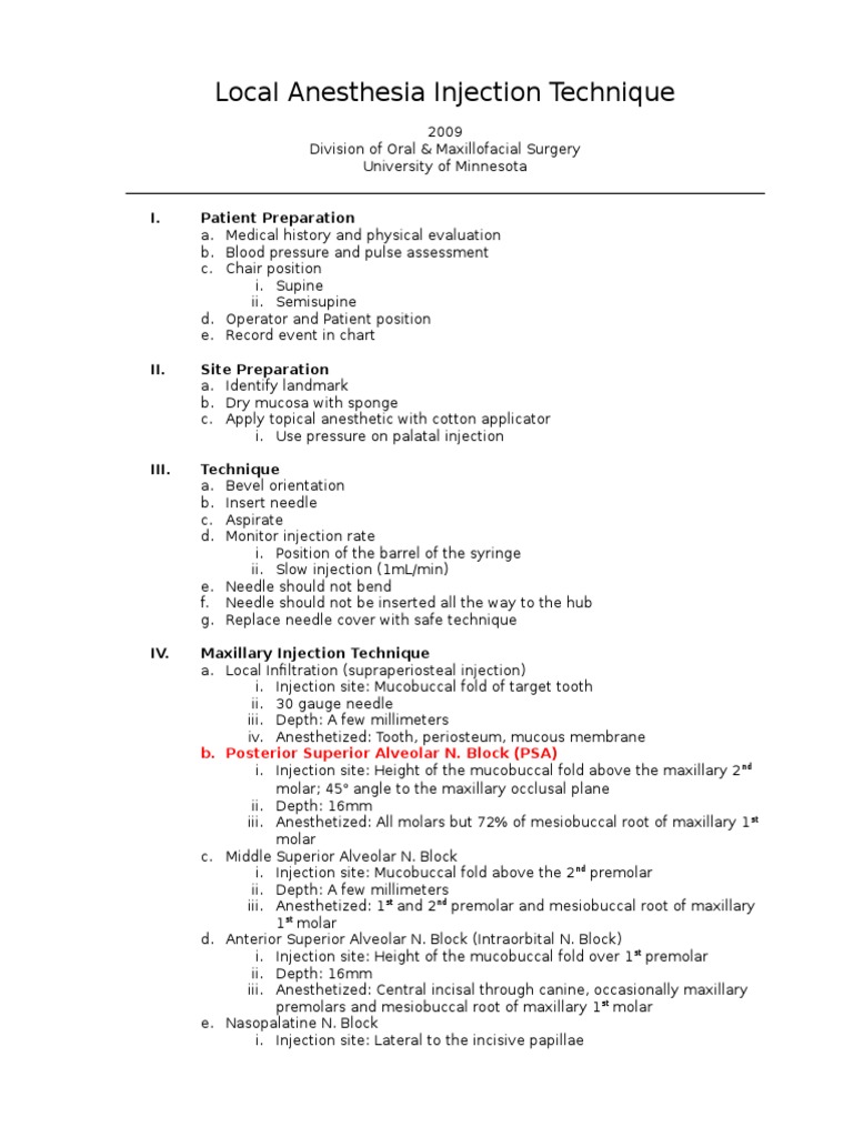 Local Anesthesia Technique Handout Anesthesia Injection (Medicine)