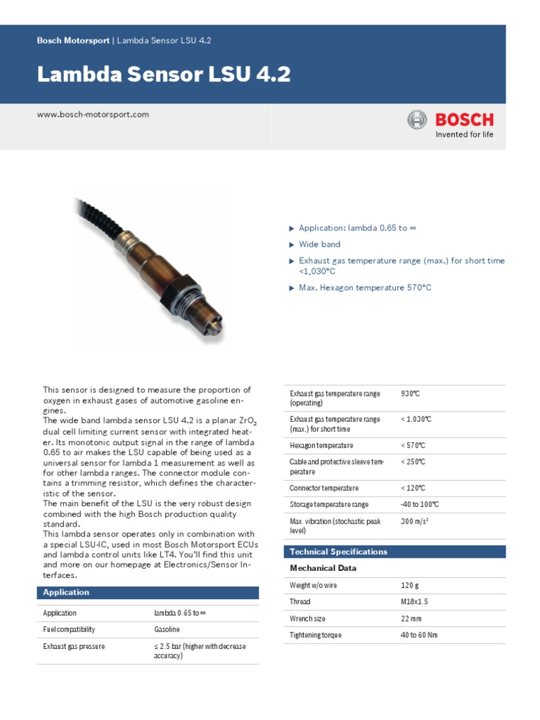 Bosch Lambda Sensor LSU 4.2 Datasheet | PDF