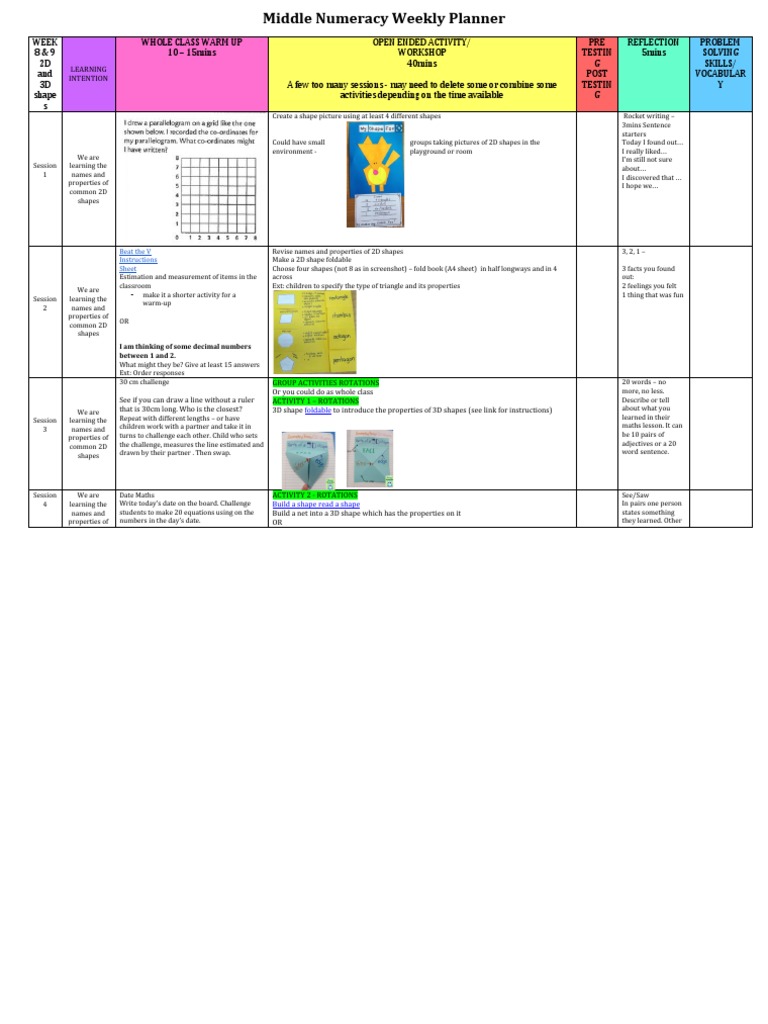 T 2 Shapesandareanumeracyweeklyplanner | PDF | Rectangle | Teaching ...