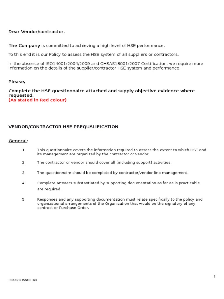 HSE Prequalification Questionnaire for Vendors | PDF | Occupational ...