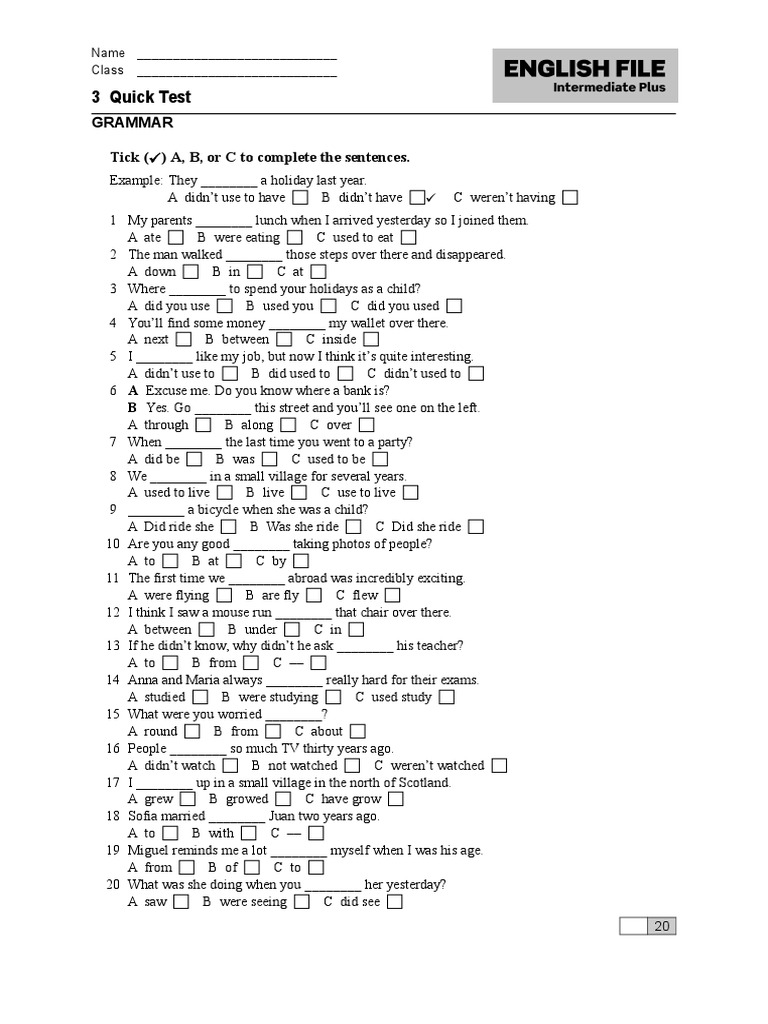3 Quick Test Grammar Tick ( ) A, B, or C To Complete The Sentences