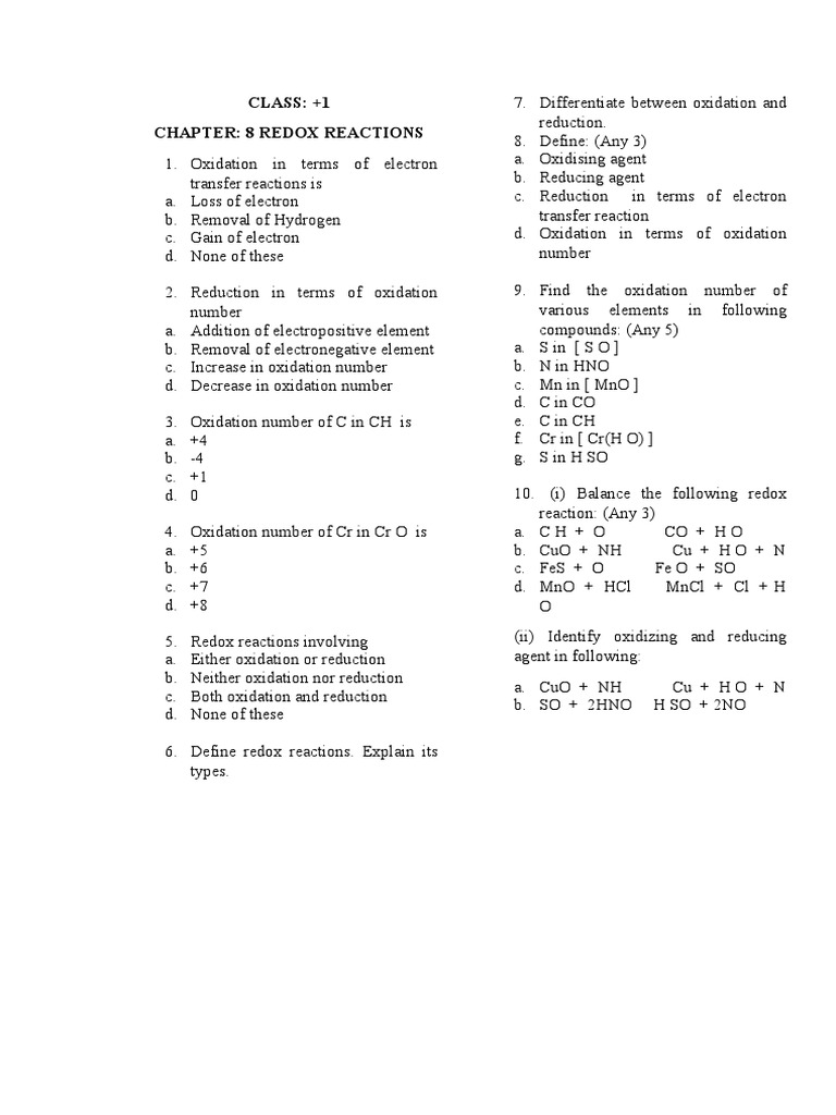 CLASS: +1 Chapter: 8 Redox Reactions | PDF | Science & Mathematics