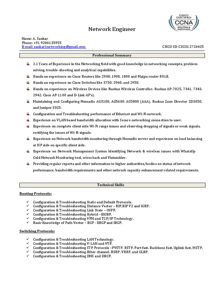 Network Engineer Resume Highlighting Over 2 Years of Experience in Cisco Routing, Switching