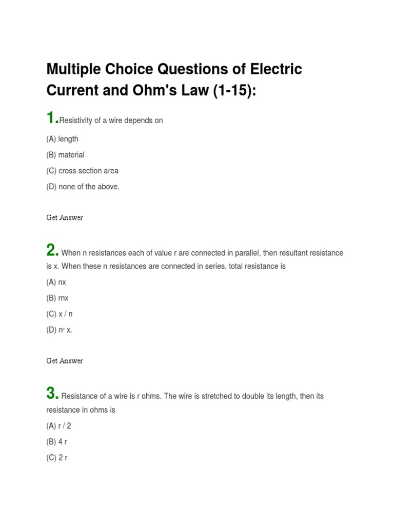 Electric Current and Ohm Mcqs PDF Series And Parallel Circuits