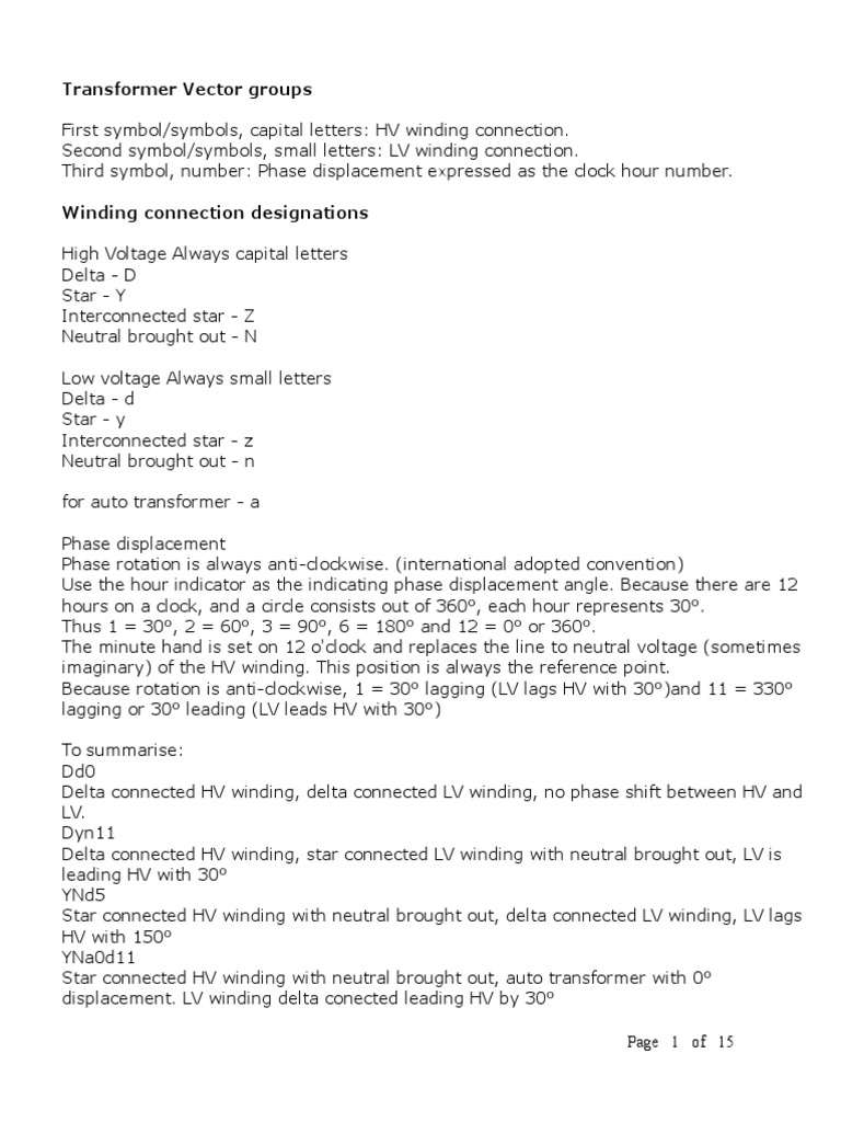 Transformer Vector Groups PDF Transformer Electrical Impedance
