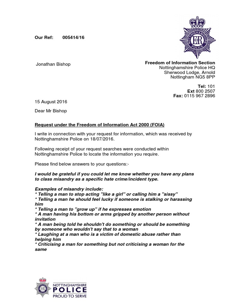 Nottinghamshire Police FOIR Letter | Freedom Of Information Act (United ...