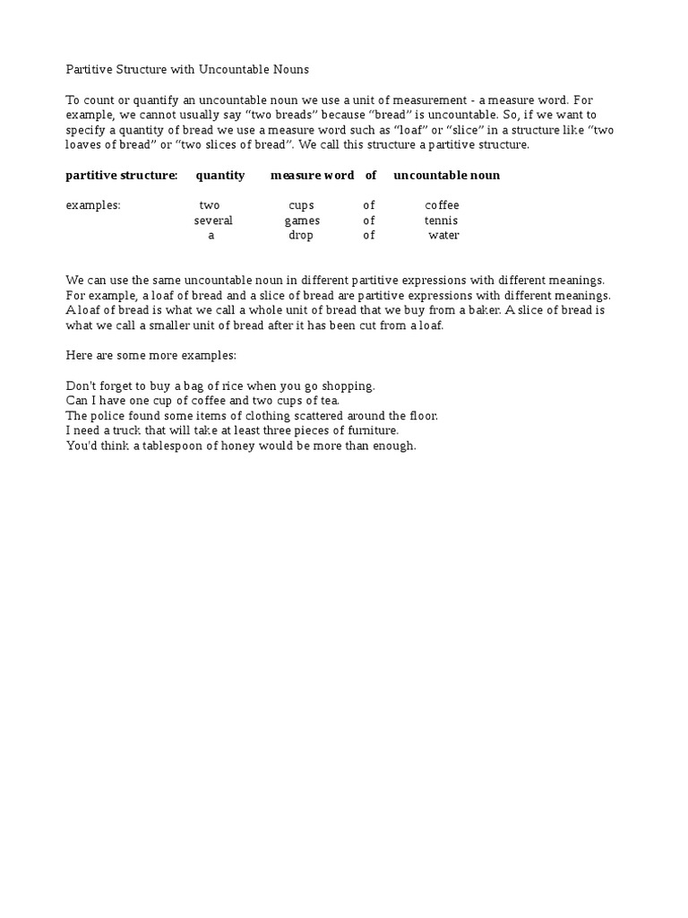 Partitives Structure With Uncountable Nouns | PDF