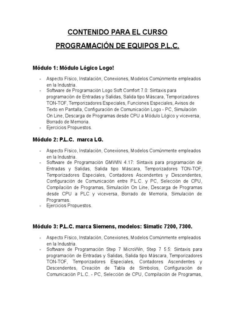 Contenido Del Curso PLC | PDF | Controlador lógico programable ...