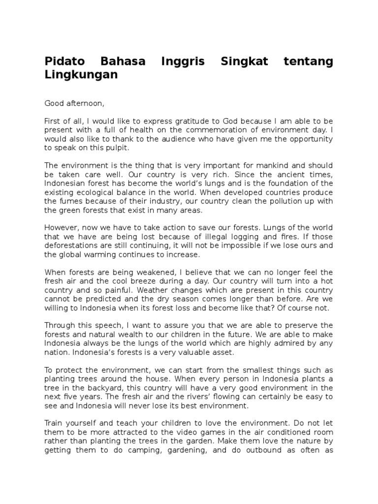 Pidato Bahasa Inggris Singkat Tentang Lingkungan Docx