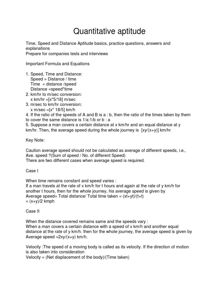 Quantitative Aptitude Formulas Speed Probability
