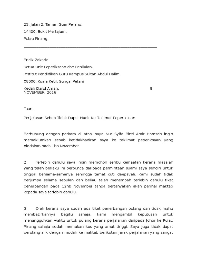 Contoh Surat Tidak Dapat Hadir Taklimat Peperiksaan Pdf