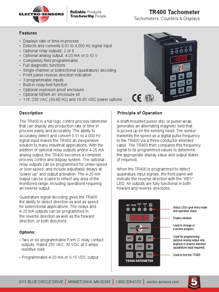 TR400 Tachometer Features & Specs | PDF | Relay | Amplifier