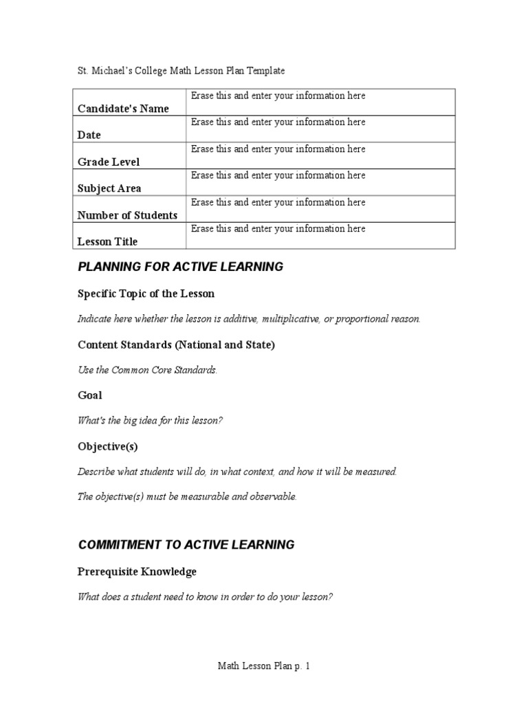 St. Michael's Math Lesson Plan Template | PDF