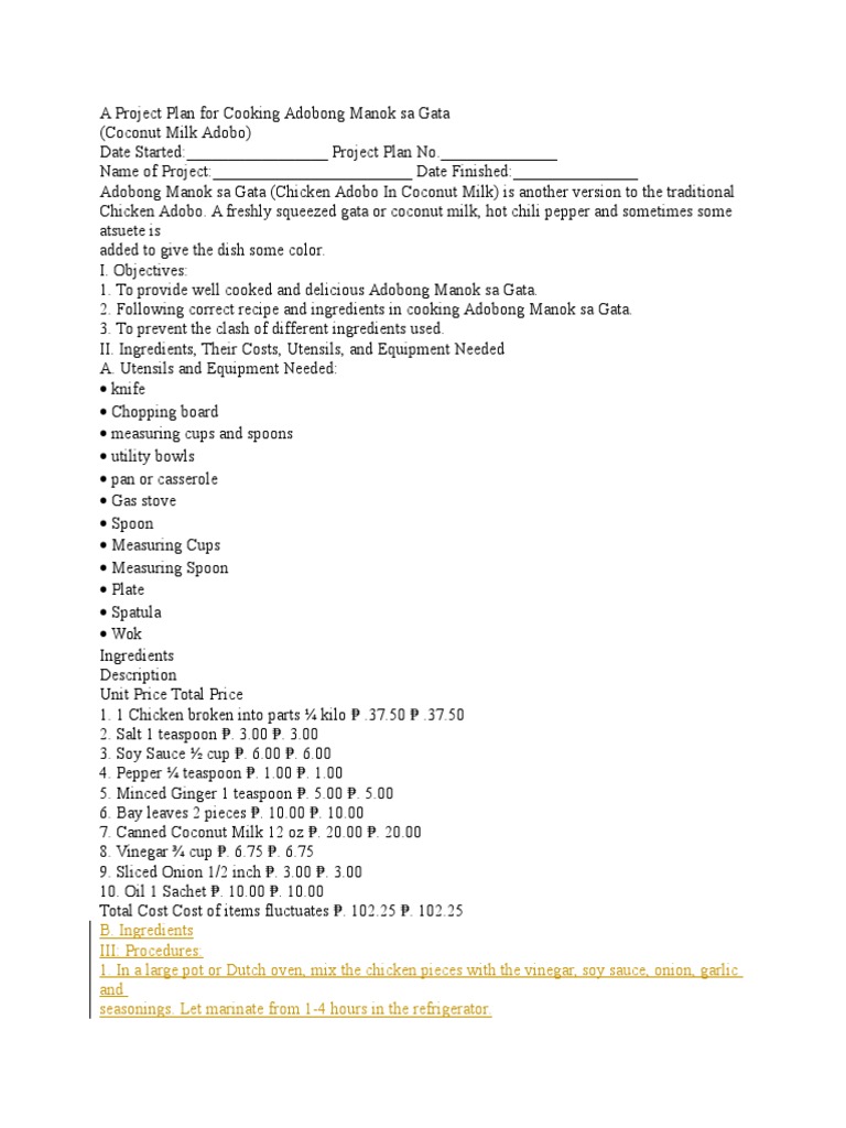 Project Plan: Adobong Manok sa Gata | PDF | Spoon | Teaspoon