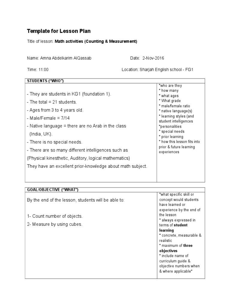 Template For Lesson Plan Students Who Pdf Educational