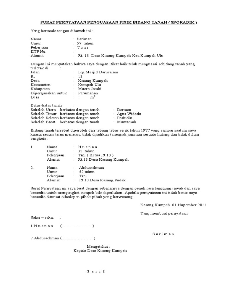 Surat Pernyataan Tanah Dikuasai Secara Fisik  Kumpulan Surat Penting