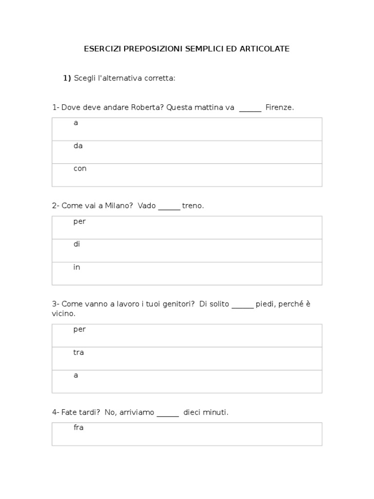 Preposizioni Semplici E Articolate Scuola Primaria