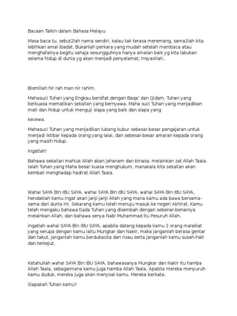 Bacaan Talkin Dalam Bahasa Melayu Pdf