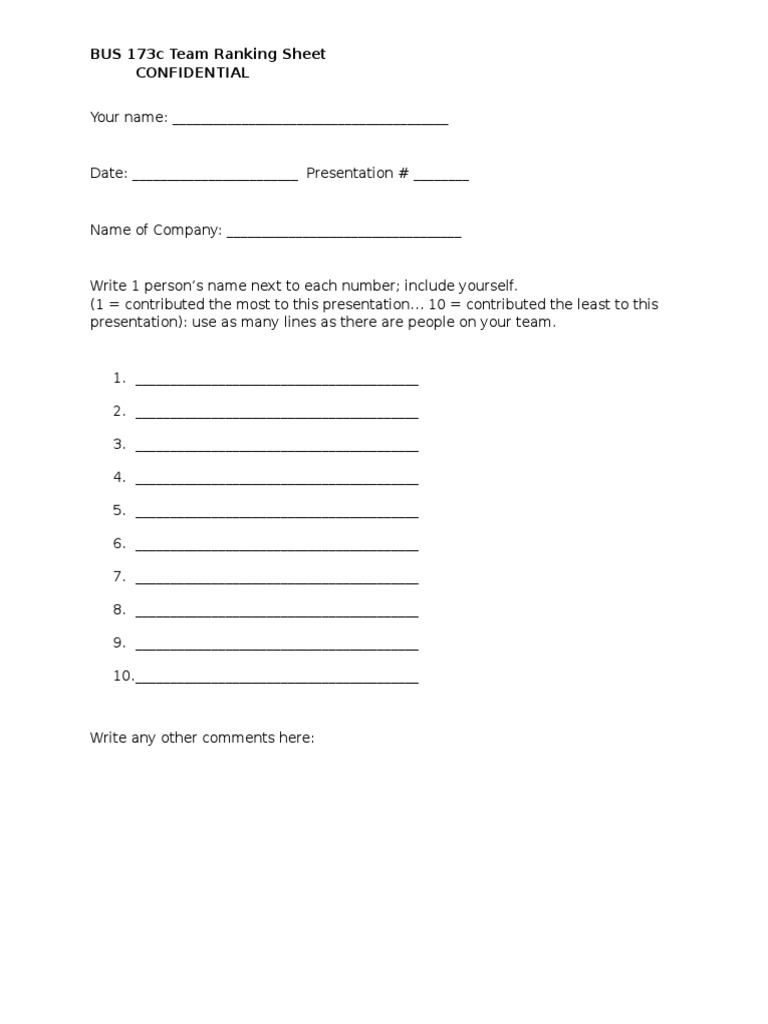 BUS 173c Team Ranking Sheet Confidential | PDF
