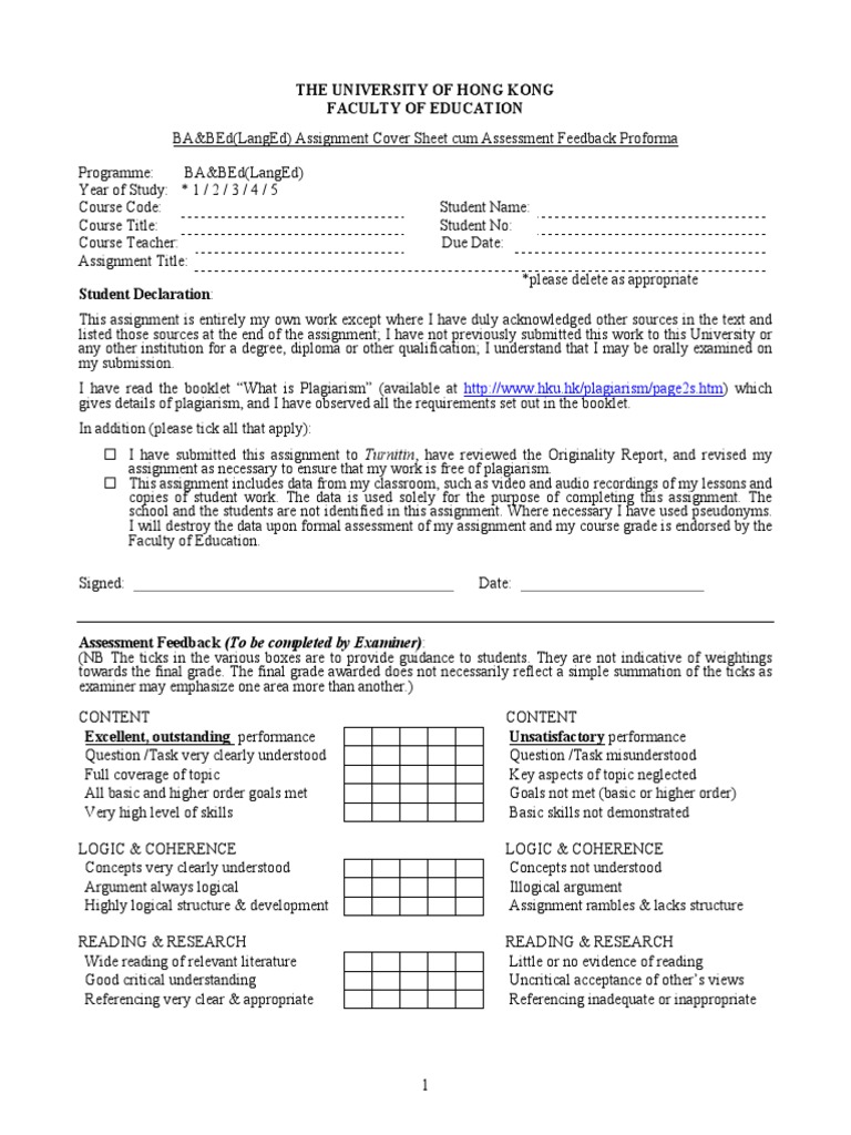 HKU BA&BEd Assignment Cover Sheet | PDF | Educational Assessment | Logic