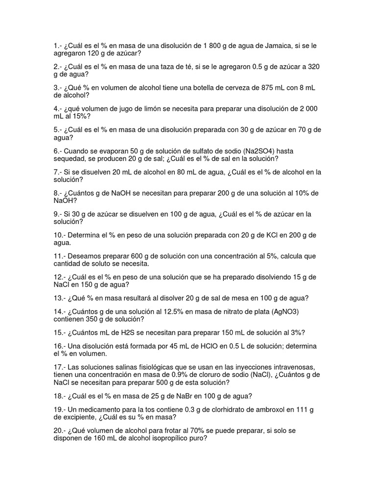 Problemas Porcentaje en Masa y Volumen Ácido clorhídrico Química Prueba gratuita de 30