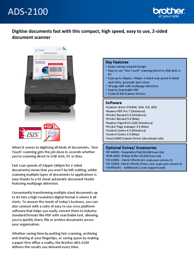 Scanner Brother ADS-2100 - Scanner à Défilement A4/A5/A6 - Peu Utilisé