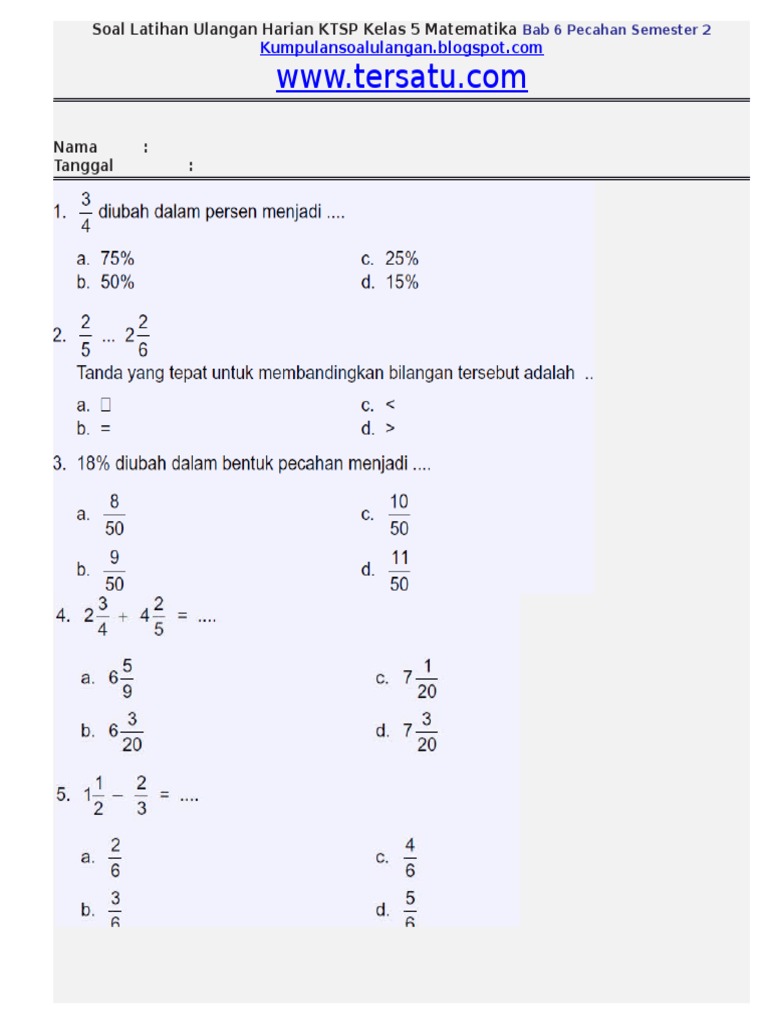 Soal Ulangan Harian Matematika Ktsp Kelas 5 Bab 6 Pecahan Semester 2