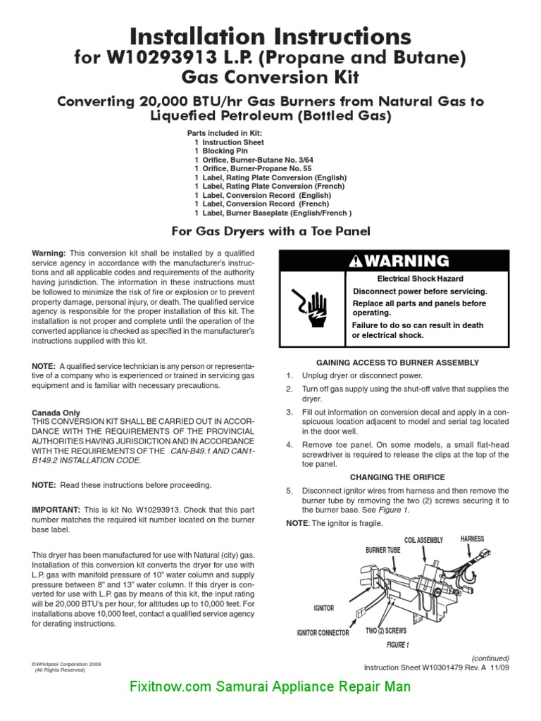 Whirlpool Gas Dryer Conversion Kit Instructions W10301479A Liquefied