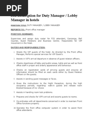 Job Description For Duty Manager Gratuity Hotel