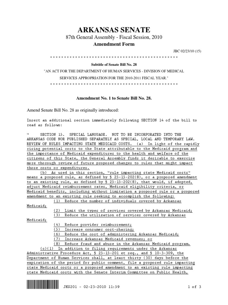 Arkansas Amendment SS To Bill SB28 | PDF | Medicaid | United States Senate