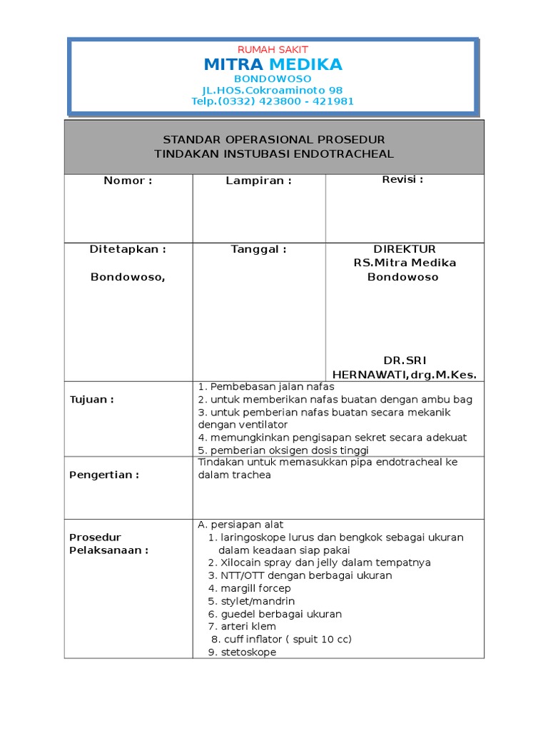 SOP Intubasi Endotrakeal RS Mitra Medika | PDF | Pengembangan Diri