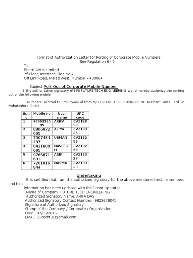 Format of Authorization Letter for Porting of Corporate Mobile Numbers