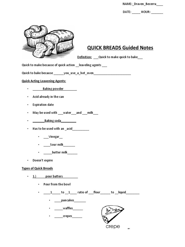QUICK BREADS Guided Notes Quick Acting Leavening Agents PDF Dough
