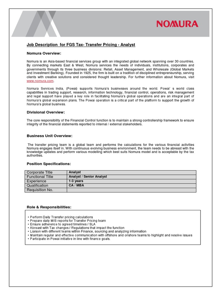 Transfer Pricing Analyst | PDF | Business | Cognition