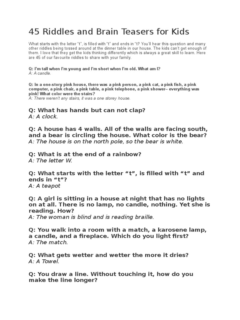 45 Riddles and Brain Teasers for Kids