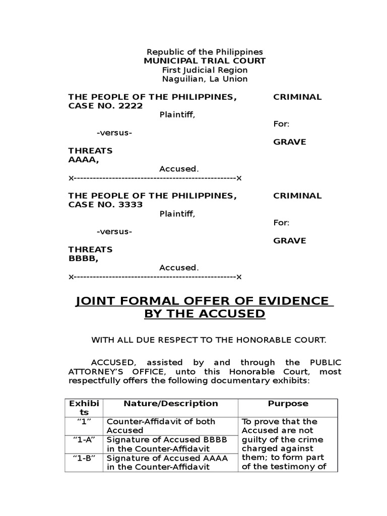 Formal offer of evidence pdf